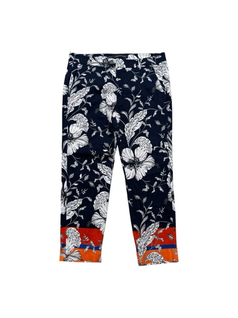 Zara Woman Floral Crop Pants Size 6 Blue White Orange Stretch Ankle Pants